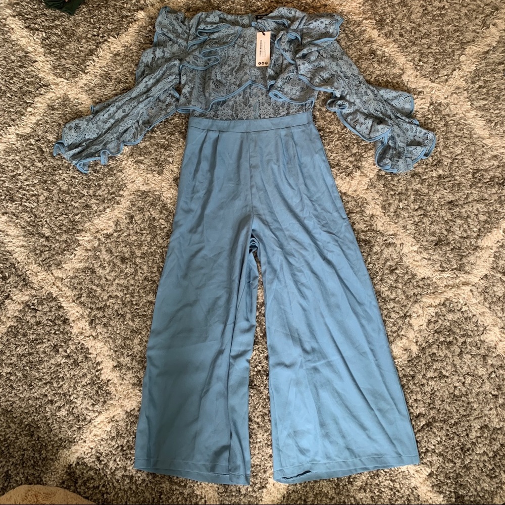 NWT Boohoo Blue ruffle jumpsuit